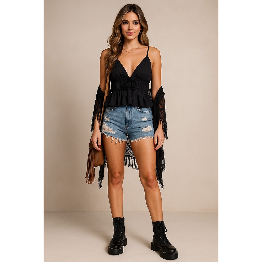 WAYF Womens M Black Cropped Flirty Ruched Tiered Cami Tank Y2K Romantic Feminine